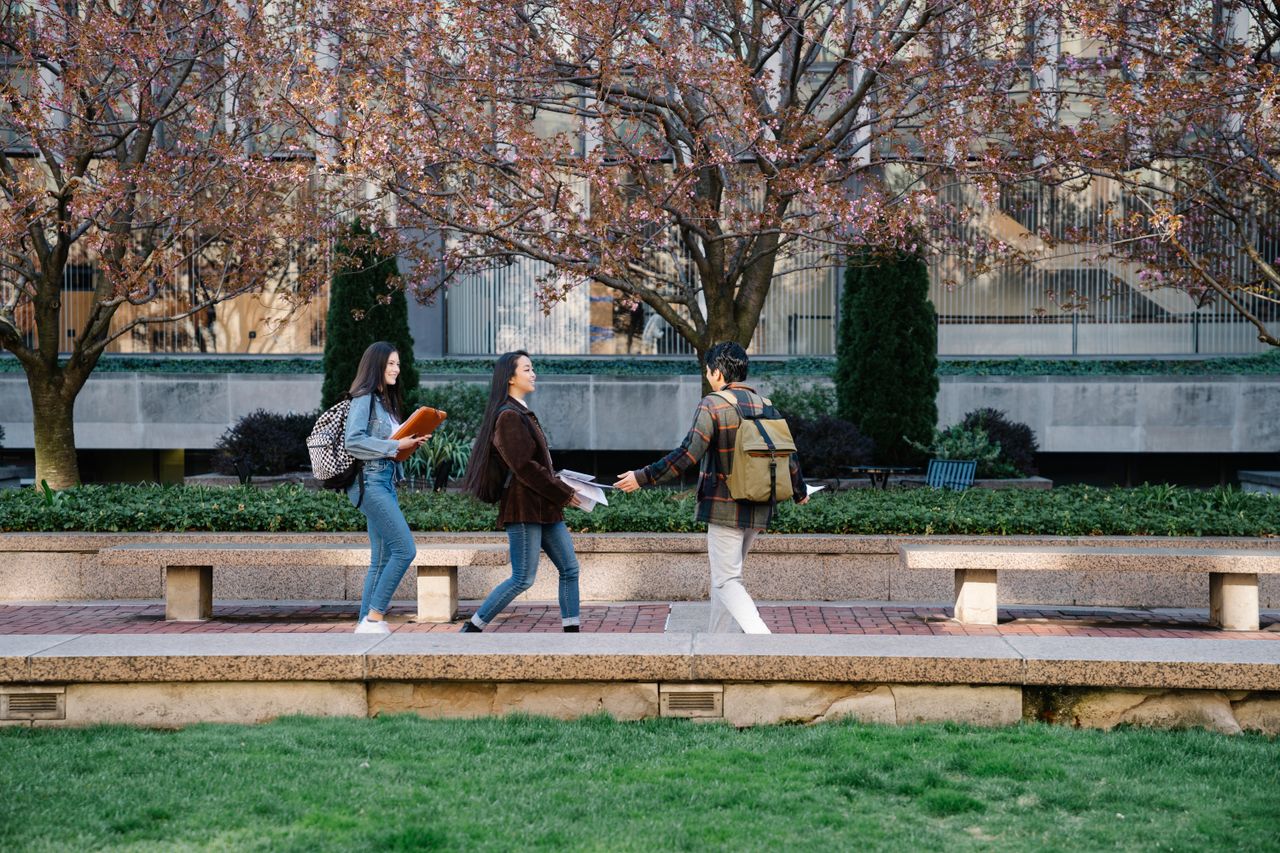 Three students walking and talking at a park during springtime, carrying backpacks.